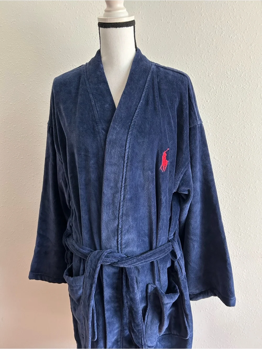 Polo Ralph Lauren Men's Robe Navy Blue Plush Shawl Collar Size S / M Logo